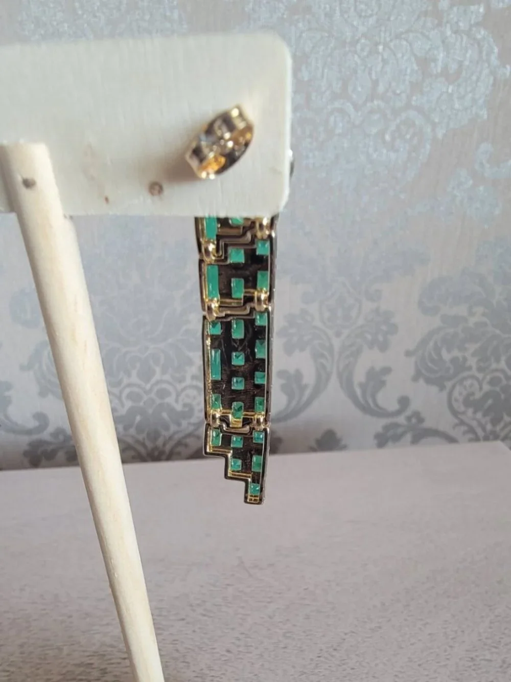 Green Glass and Simulated Diamond Earrings in Gold Tone